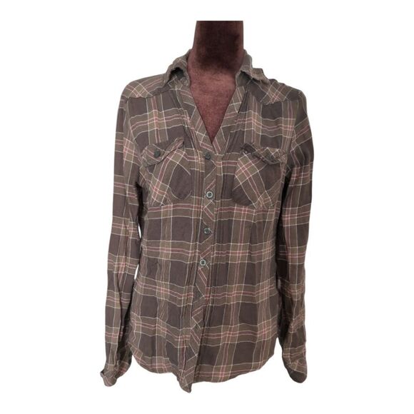 Anthropologie Derek heart bundle of 2 flannel plaid shirts size M navy, taupe - Picture 2 of 5